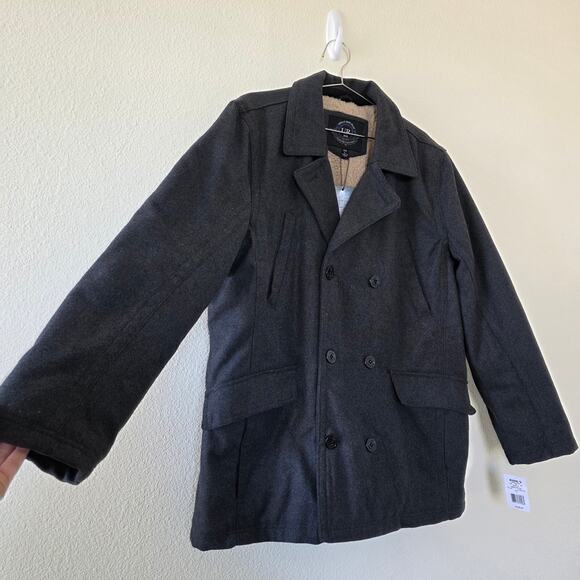 Urban Republic Charcoal Peacoat Jacket Sherpa Lined Double Breasted Men Size L - Picture 4 of 13